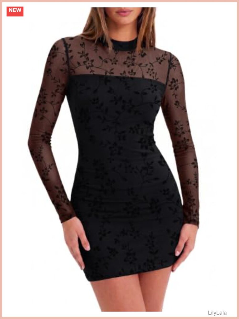 Women's Mesh Sheer Long Sleeve Bodycon Mini Dress Ruched Mock Neck Party